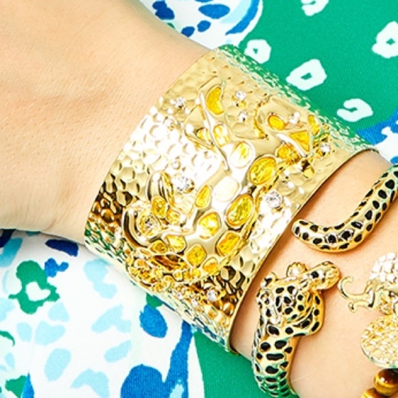 Lilly Pulitzer Gold Leopard Cuff Cz Diamonds & Yellow Gems 6-8” - Picture 1 of 11